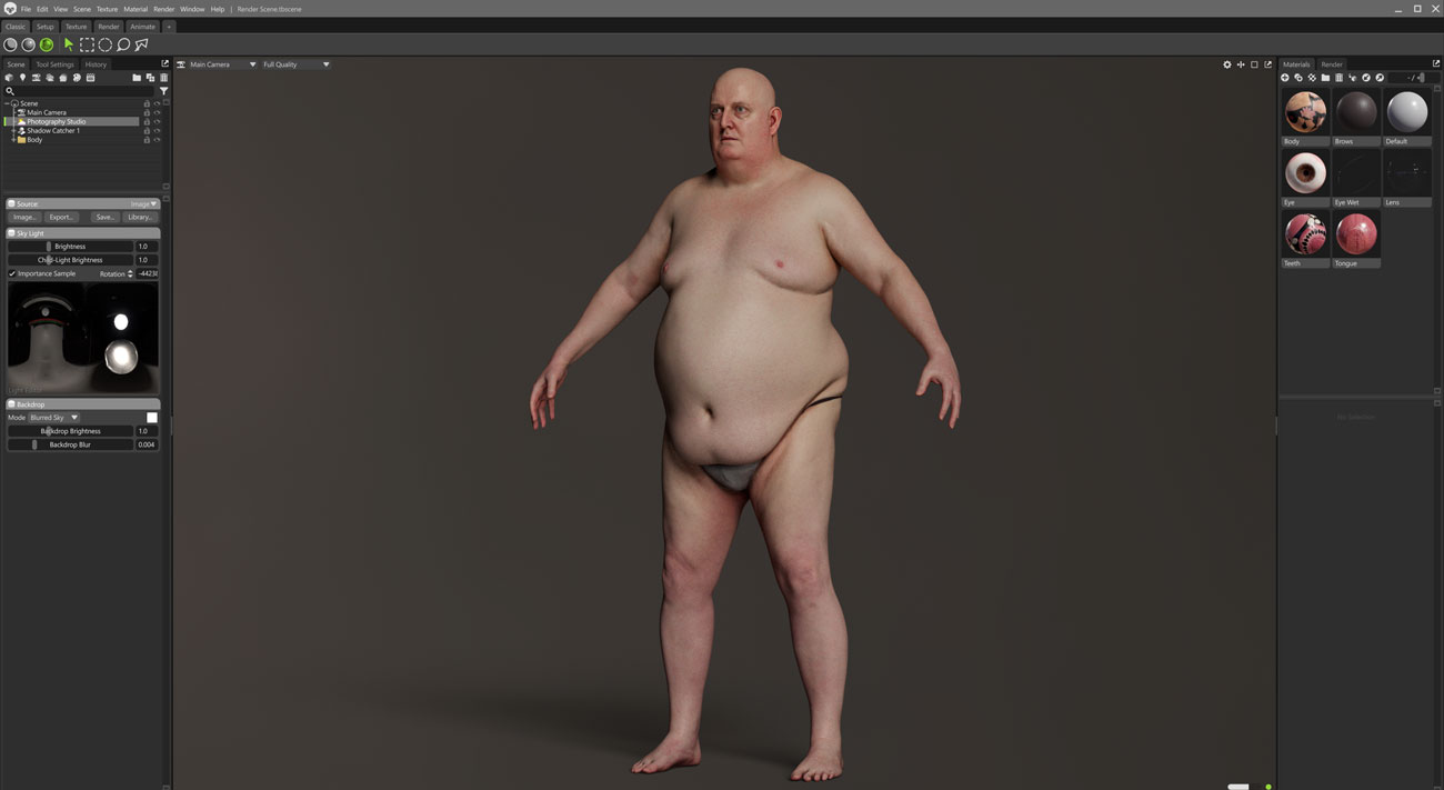 Marmoset Toolbag real-time render of a heavy-set male 3D body scan with PBR textures and studio lighting setup
